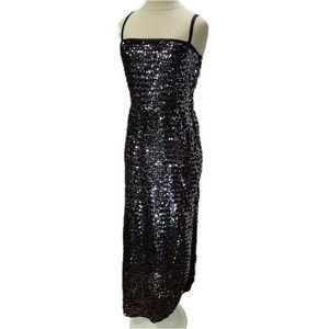 70s Sequin Spaghetti Strap Cocktail Dress Black Dark Gray Sparkly Vintage Gown
